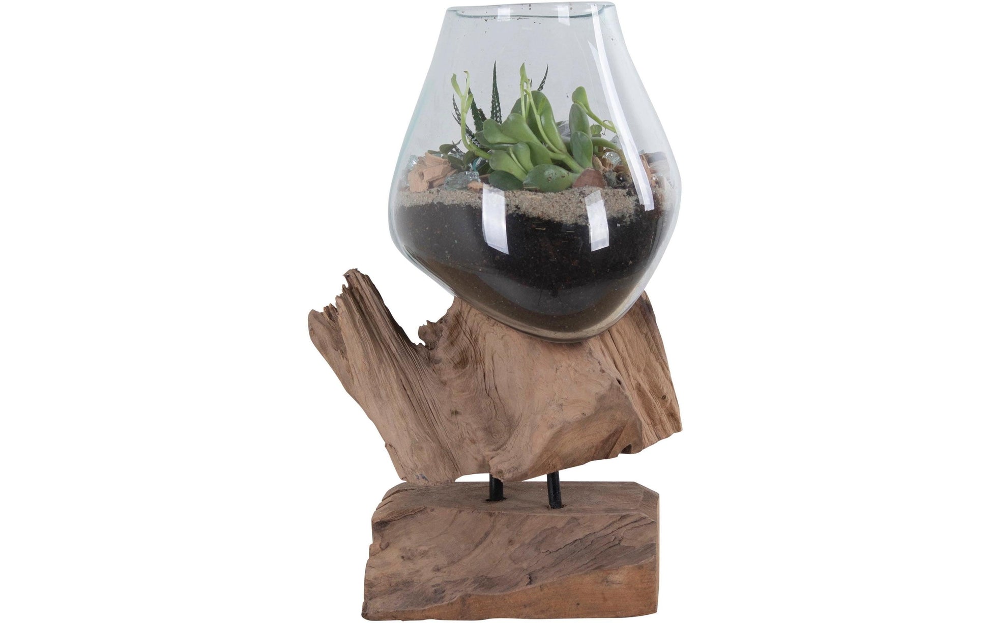 House Nordic Schale – mit Kunstpflanzen – Glas & Stahl & Teak, natur – 18 × 15 × 25 cm