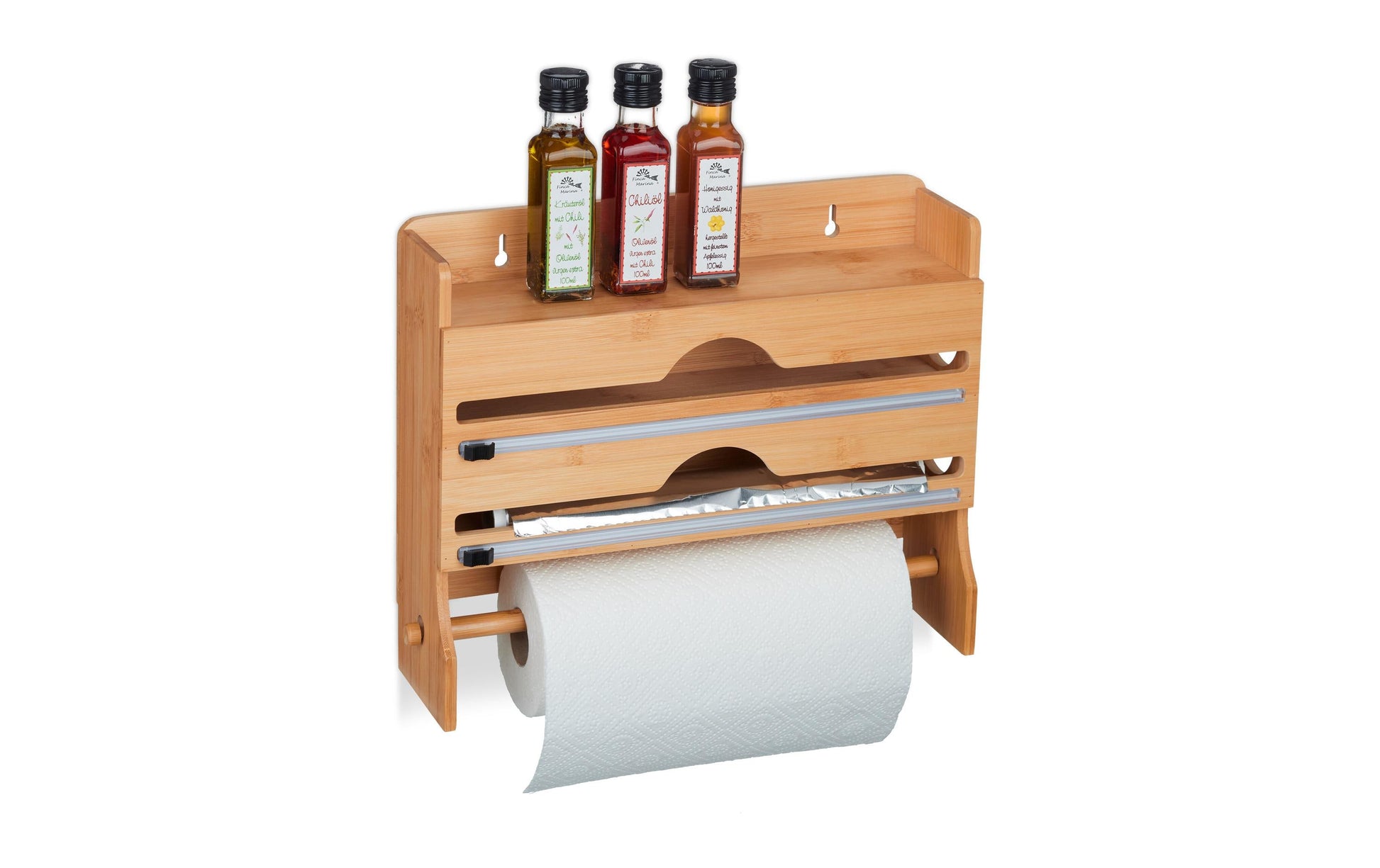 Relaxdays Küchenrollenhalter Bambus/Edelstahl, 39,5 × 11 × 31 cm, wandmontiert