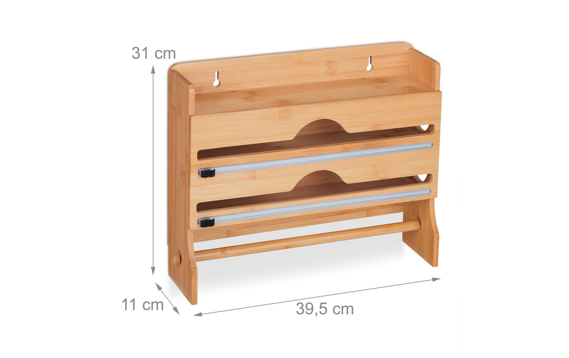Relaxdays Küchenrollenhalter Bambus/Edelstahl, 39,5 × 11 × 31 cm, wandmontiert