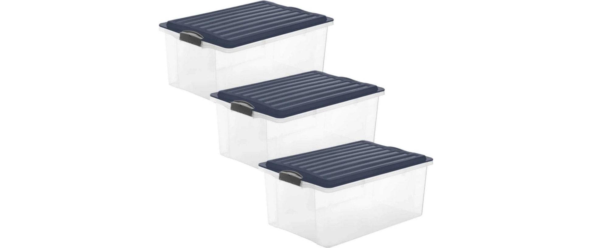 Rotho Aufbewahrungsbox 38 l (mit Deckel) – Kunststoff – transparent/blau – 400 × 180 × 570 mm – Set 3 Stück