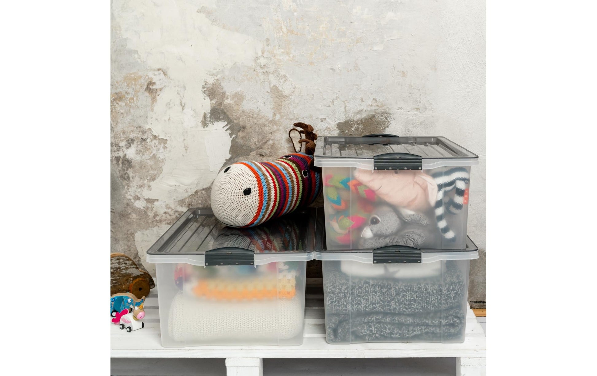 Rotho Aufbewahrungsbox – Kunststoff, Transparent, 40 × 18 × 57 cm – 3er-Pack