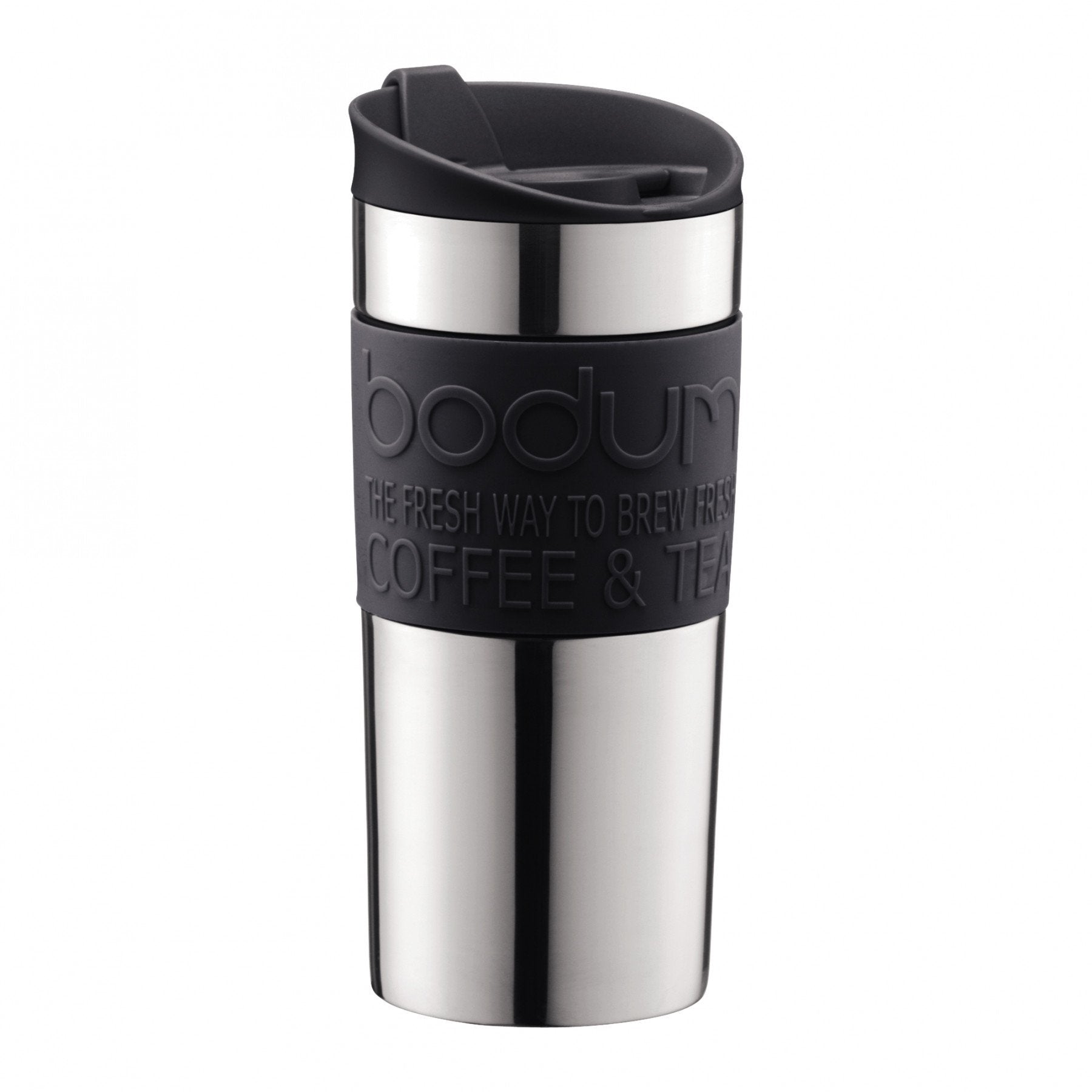 Bodum Reisebecher 11068-01 – 350 ml, Ø 8,9 cm, H 18,3 cm, Edelstahl/Silikon, Schwarz, doppelwandig, tropffrei