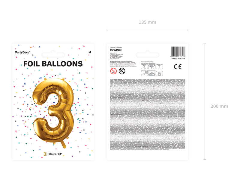 PartyDeco Folienballon Zahl 3 – Gold – 86 cm – Folie – 1 Stück