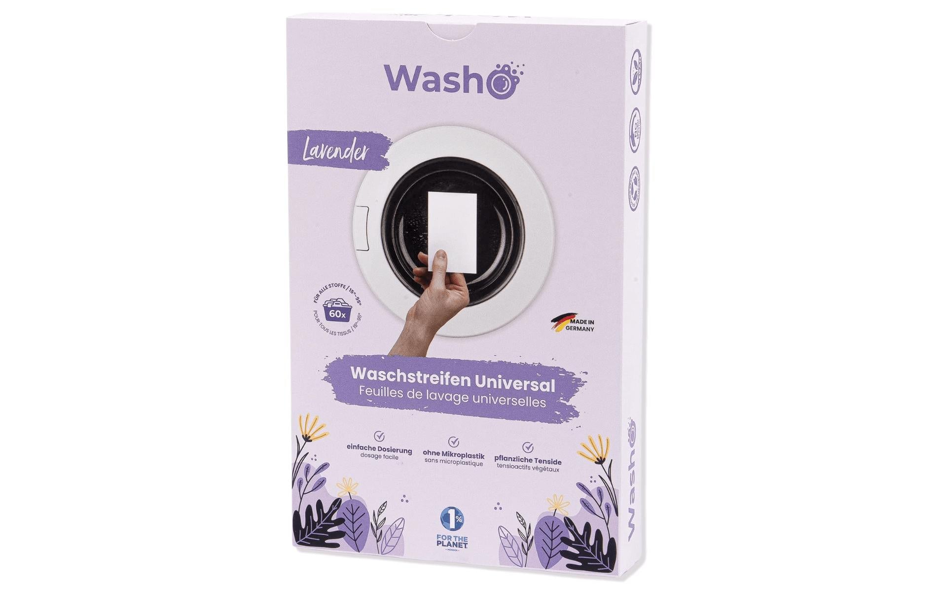 Washo Waschstreifen für Universal – Lavendel – 60 Streifen – biologisch abbaubar