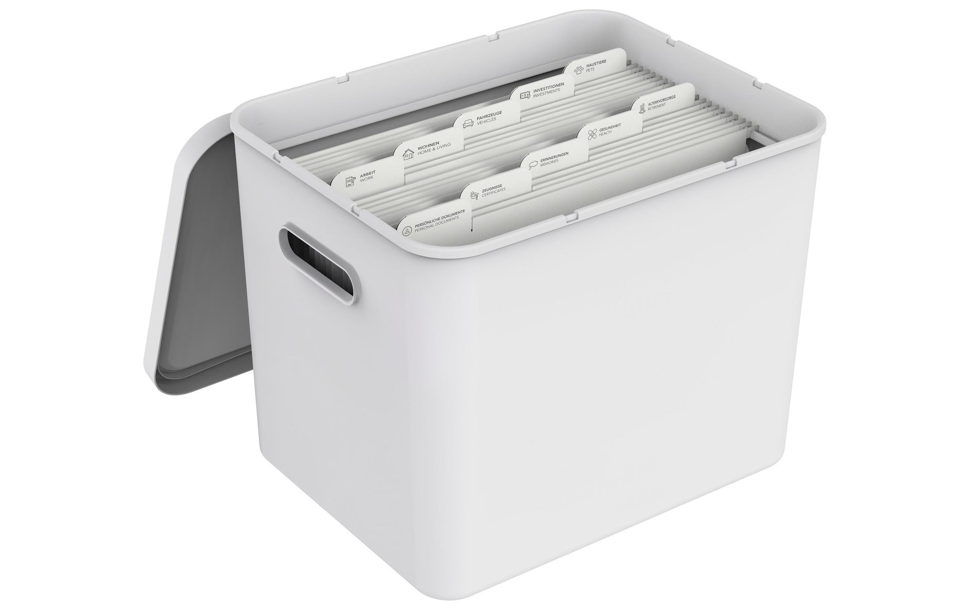 Rotho My Paper Archivschachtel A4 – inkl. 10 Hängemappen, mit Deckel, Griffloch, 400 × 290 × 295 mm, weiss
