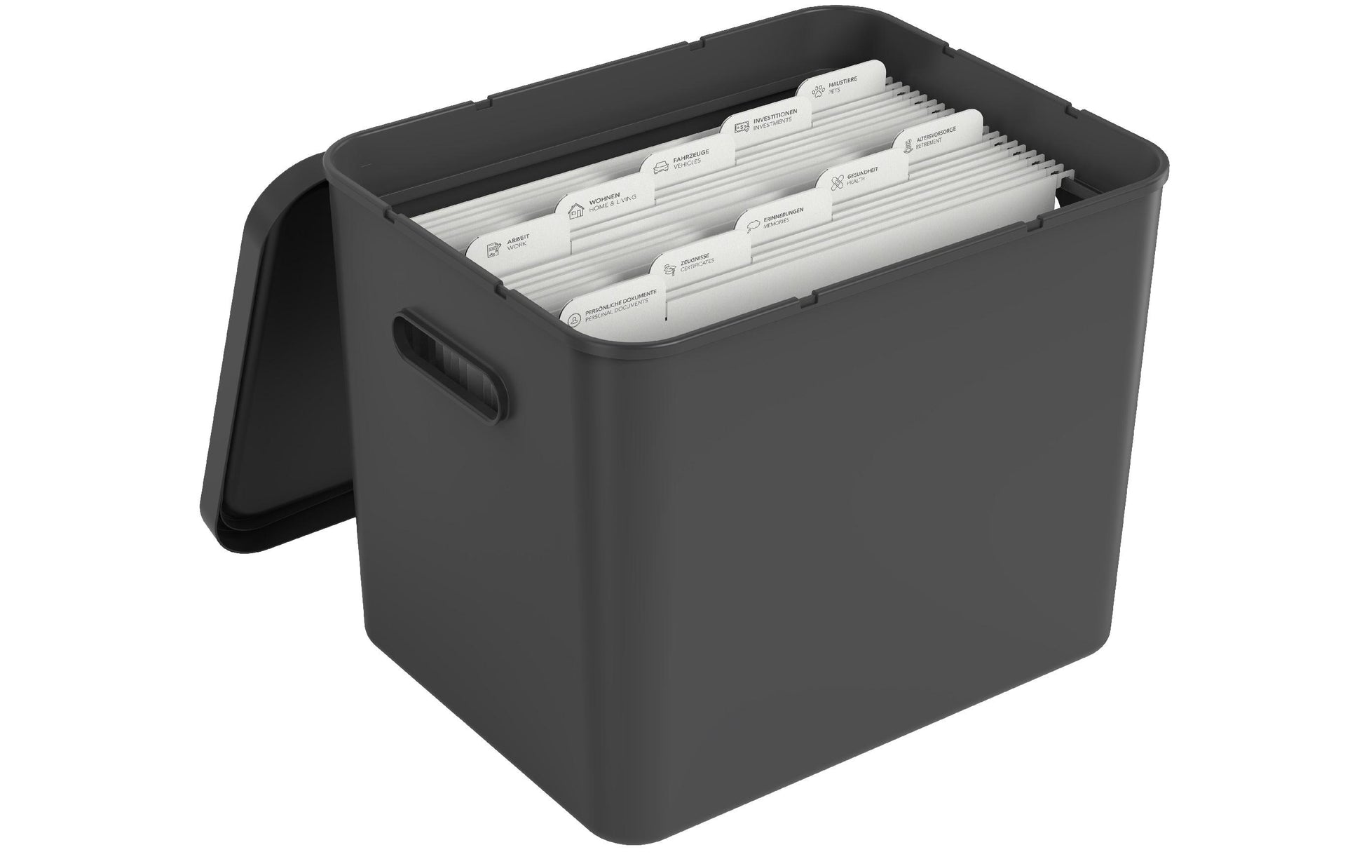Rotho My Paper Archivbox A4 – mit Deckel, mit Griffloch, stapelbar, 400 × 290 × 295 mm, schwarz