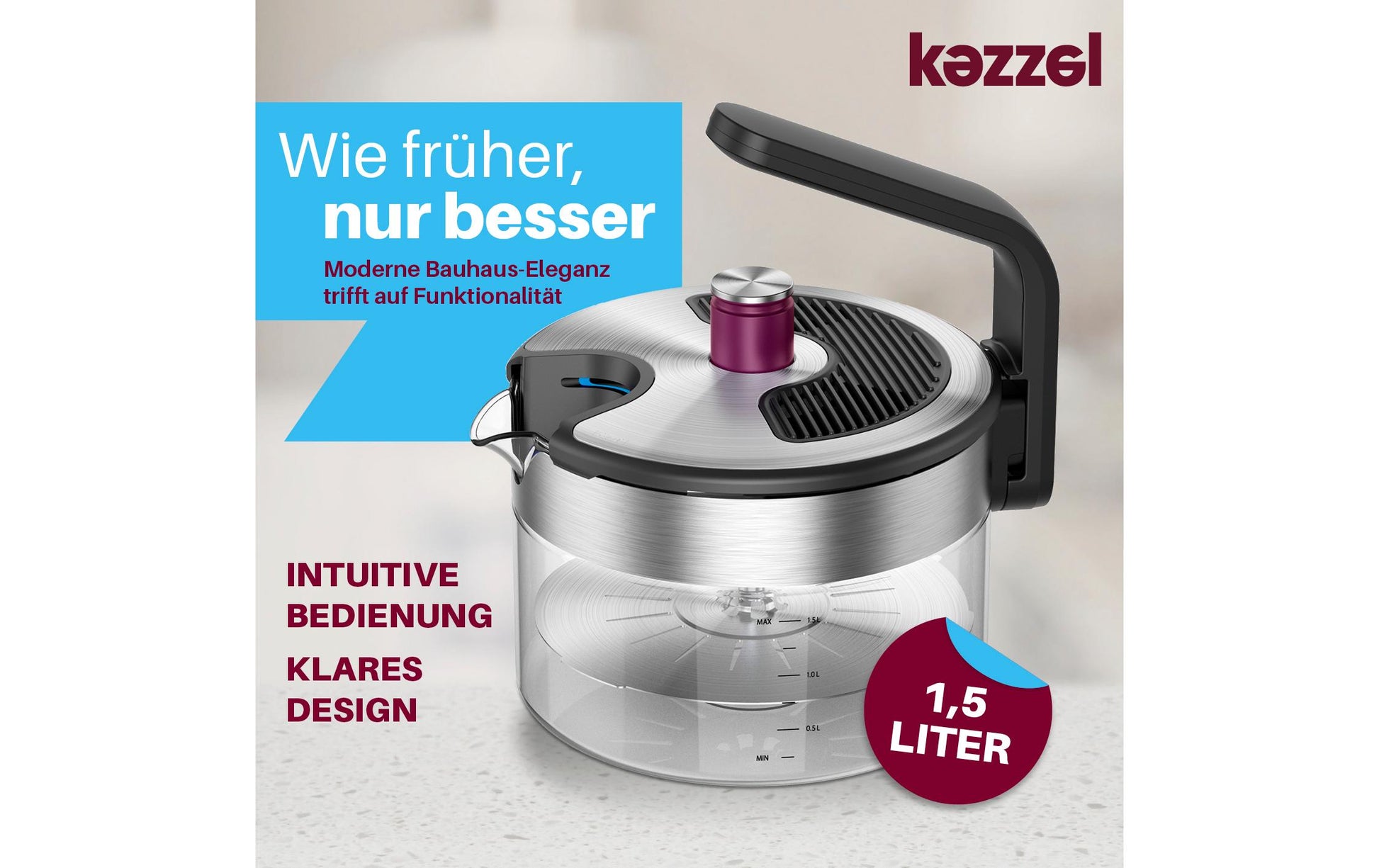 Kezzel Wasserkocher – 1,5 l, Kunststoff, Transparent