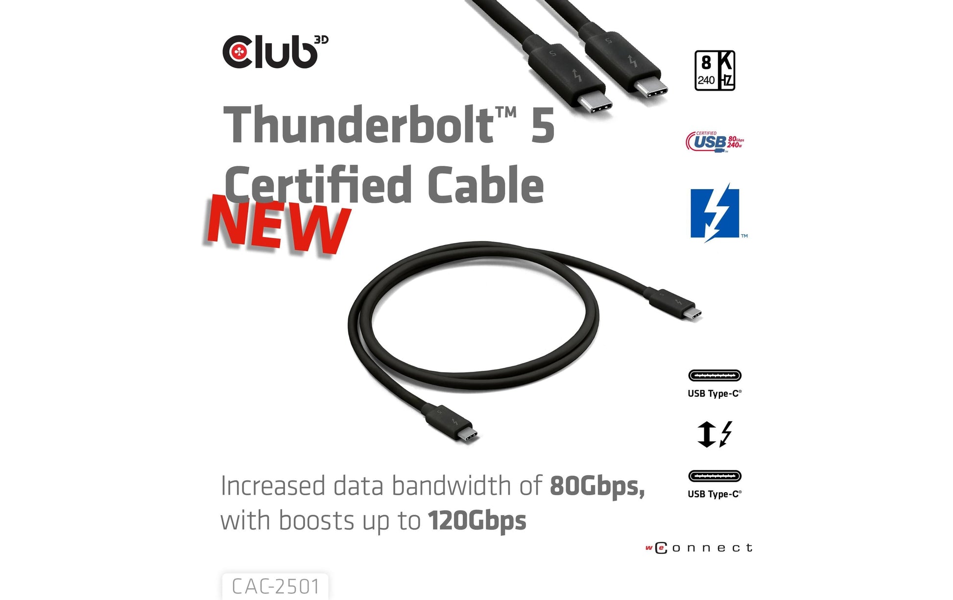CLUB3D USB-C-zu-USB-C Anschlusskabel – 1 m, Thunderbolt 5, 120 Gbit/s, 240 W, Schwarz