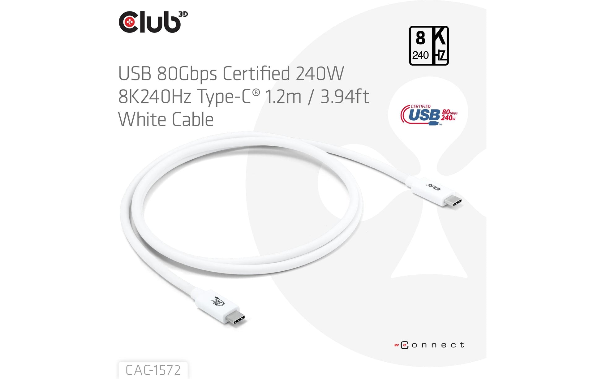 CLUB3D Club 3D – USB-C auf USB-C Kabel – USB4 80 Gbit/s – 1,2 m – PD 240 W – USB-IF zertifiziert – Weiss
