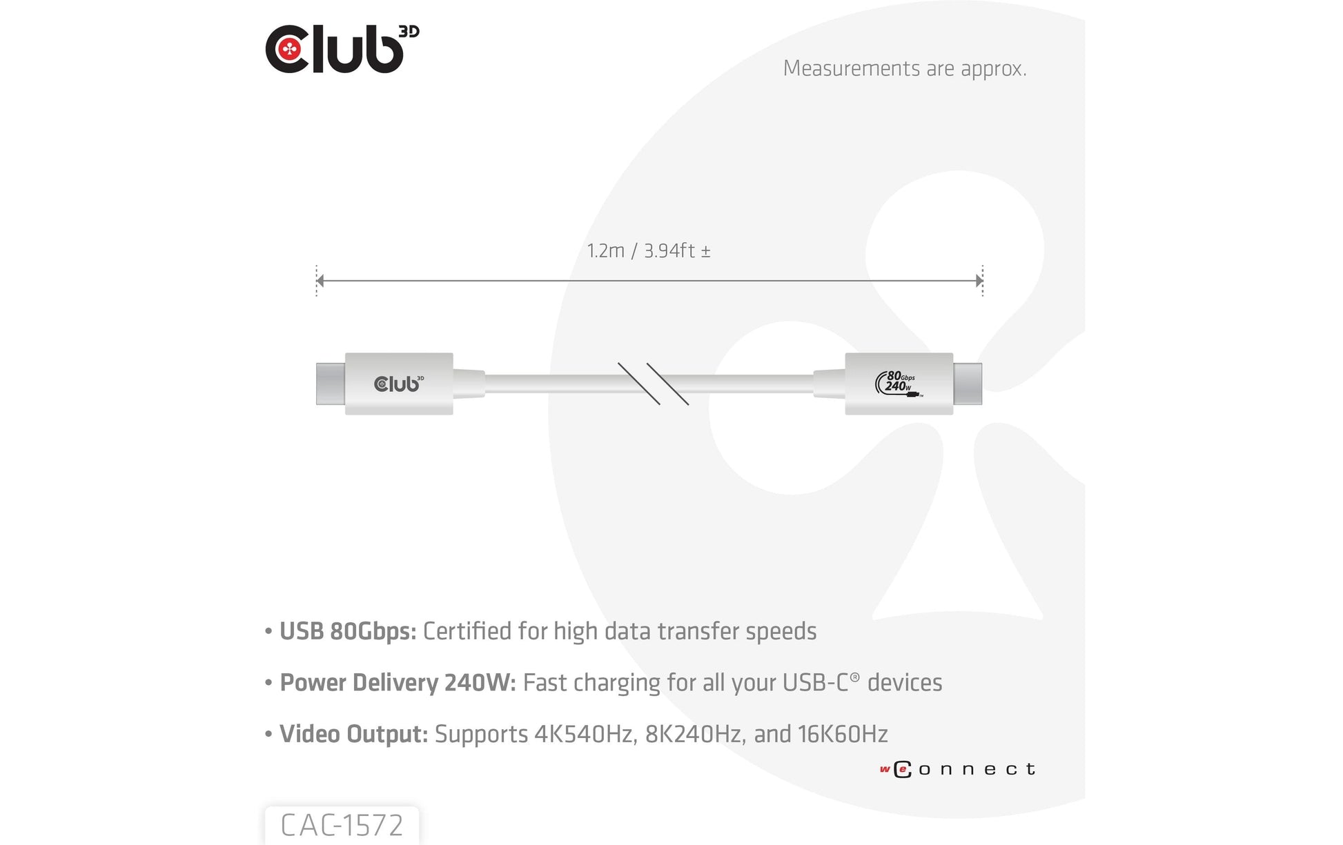 CLUB3D Club 3D – USB-C auf USB-C Kabel – USB4 80 Gbit/s – 1,2 m – PD 240 W – USB-IF zertifiziert – Weiss