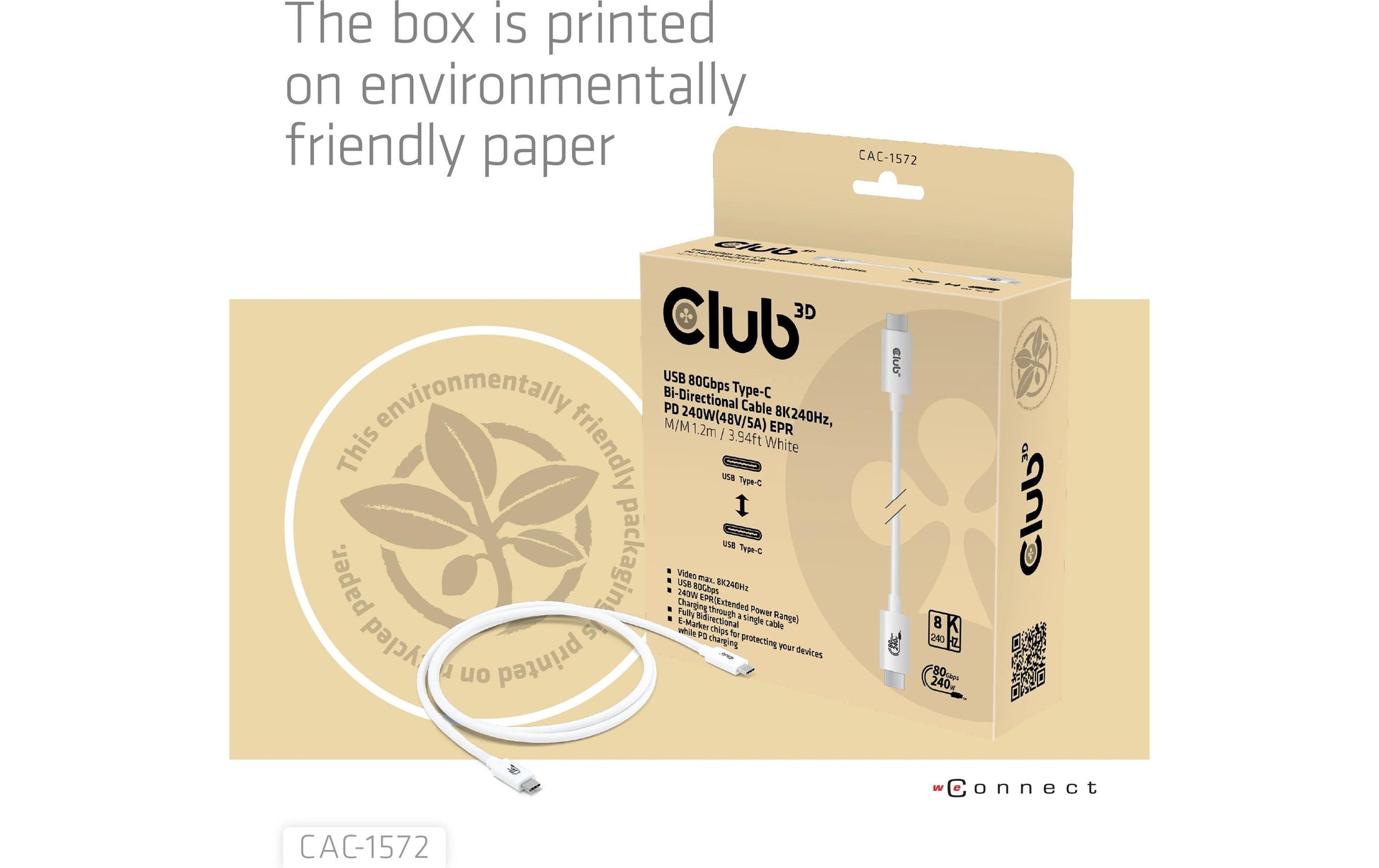 CLUB3D Club 3D – USB-C auf USB-C Kabel – USB4 80 Gbit/s – 1,2 m – PD 240 W – USB-IF zertifiziert – Weiss
