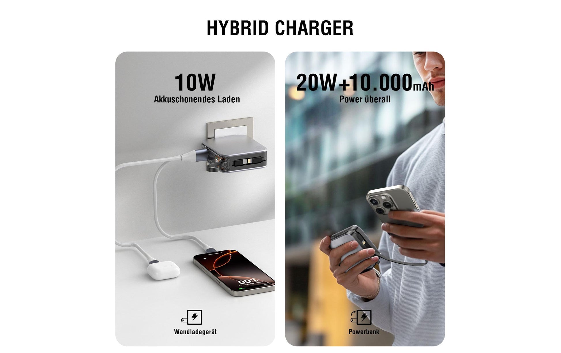 4smarts Powerbank 10000 mAh, PD 20 W, 2× USB-C, Durchgangsladung, für Smartphones, Silber
