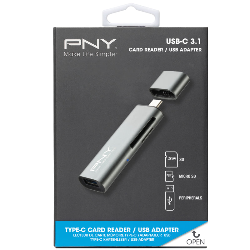 PNY USB-Kartenleser USB-C – SD/microSD – USB 3.2 Gen 1 (5 Gbit/s) – Metallisch