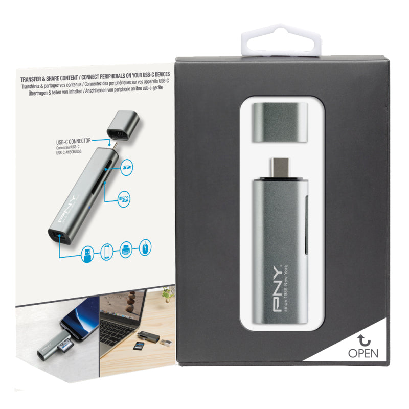 PNY USB-Kartenleser USB-C – SD/microSD – USB 3.2 Gen 1 (5 Gbit/s) – Metallisch