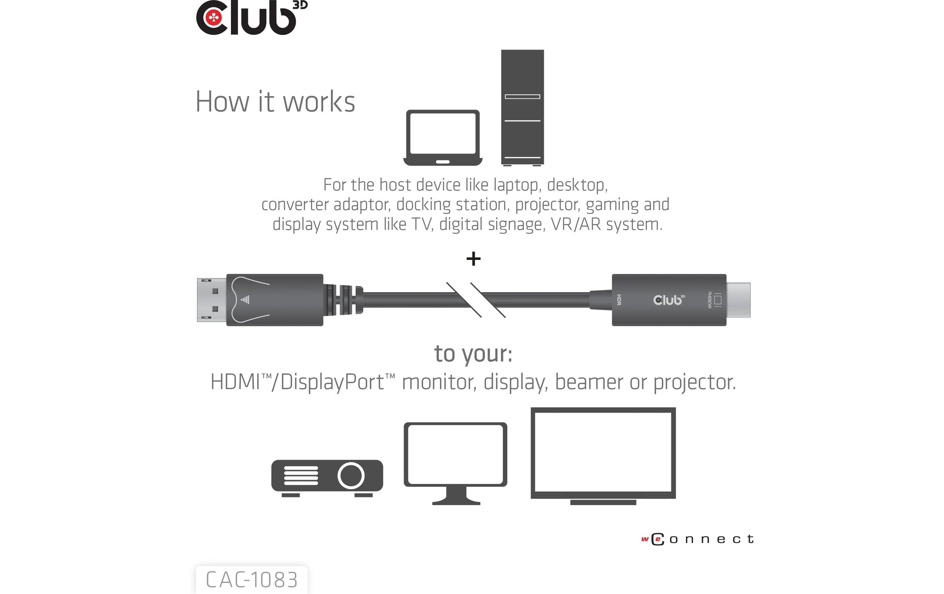 CLUB3D Club 3D – DisplayPort auf HDMI Adapter, DP 1.4, 4K@60 Hz, 2 m