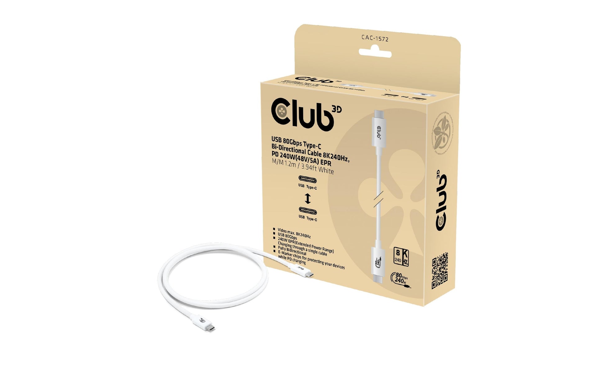 CLUB3D Club 3D – USB-C auf USB-C Kabel – USB4 80 Gbit/s – 1,2 m – PD 240 W – USB-IF zertifiziert – Weiss