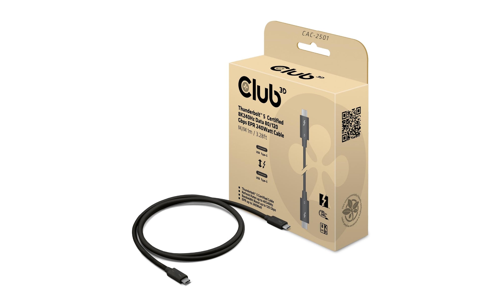 CLUB3D USB-C-zu-USB-C Anschlusskabel – 1 m, Thunderbolt 5, 120 Gbit/s, 240 W, Schwarz