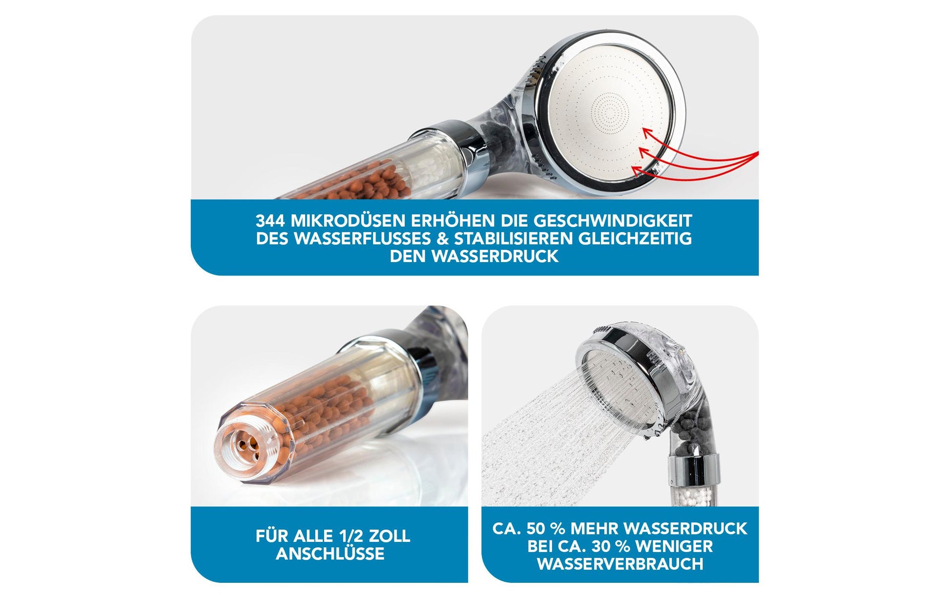EASYmaxx Handbrause Spa 3in1 – 8×23.8×9 cm, ABS, Edelstahl, für Anschlüsse G1/2, Chrom