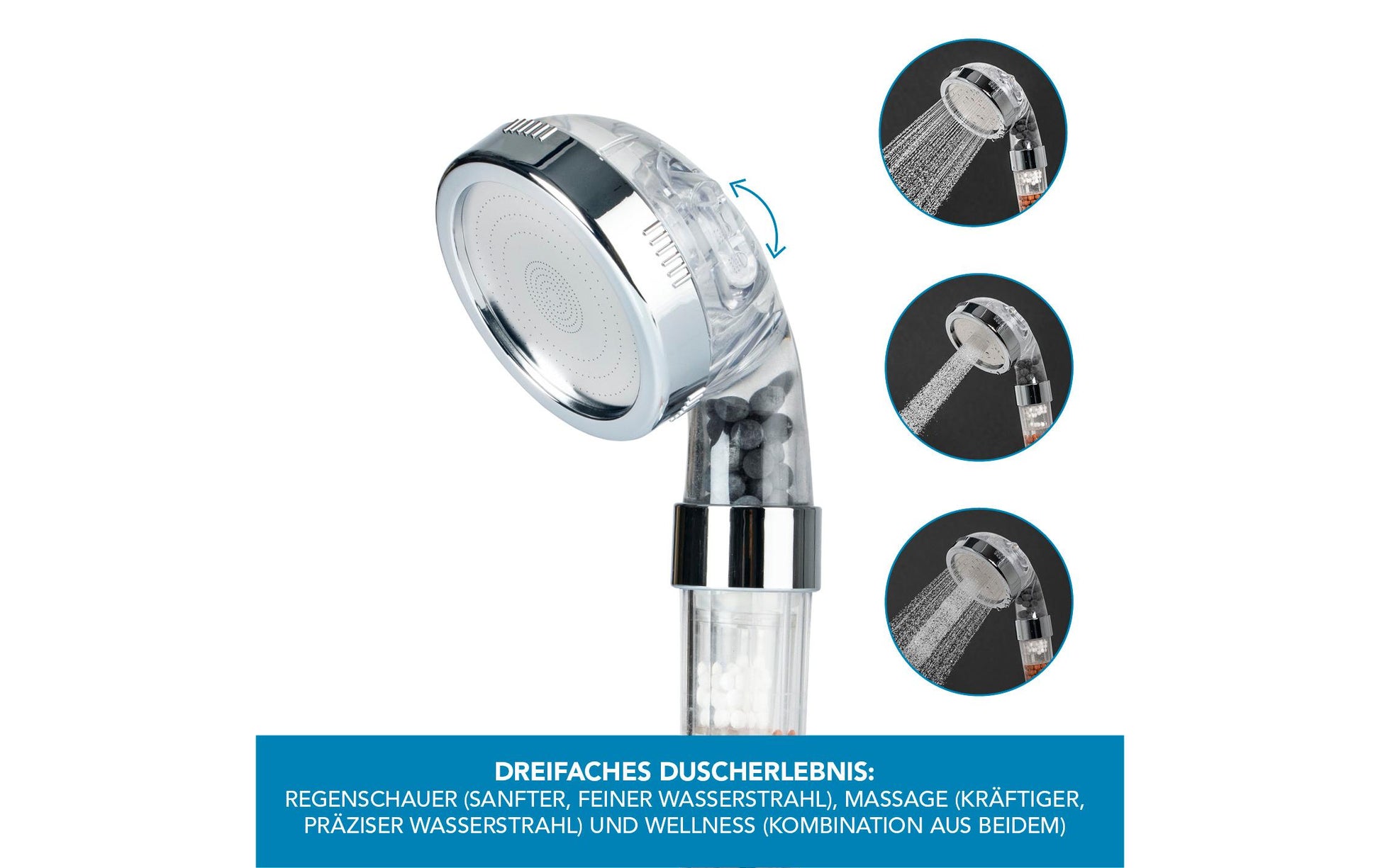 EASYmaxx Handbrause Spa 3in1 – 8×23.8×9 cm, ABS, Edelstahl, für Anschlüsse G1/2, Chrom