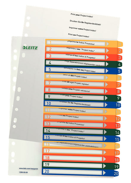 Leitz Register – A4, 20-teilig, PP, farbig, vorgedruckt, 11-fach Lochung, für Zeigebuchtaschen