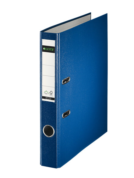 Leitz Ordner – A4 Hochformat – 2-Ring Hebelmechanik, Rücken 52 mm – Blau, mit Griffloch, mit Raumsparösen, FSC