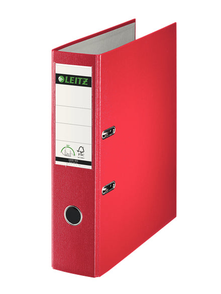 Leitz Ordner – A4 Hochformat – 2-Ring Hebelmechanik, Rücken 80 mm – Rot, Karton, mit Niederhalter, FSC