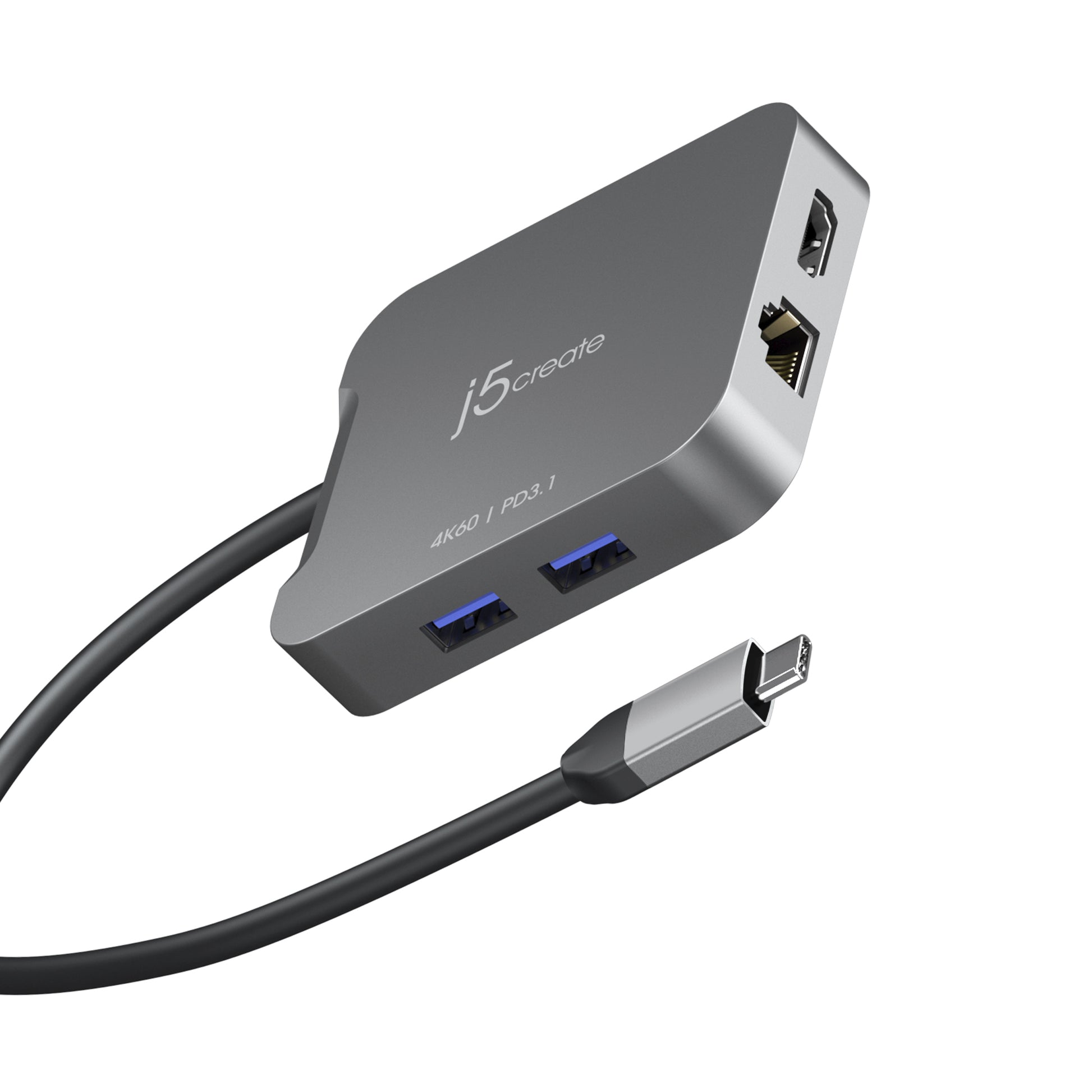 j5create JCD3191-N Multiport-Adapter – USB-C, 1× HDMI, 2× USB-A, 140 W PD, GbE, für Windows/Mac