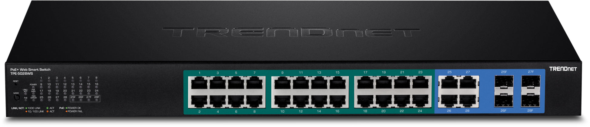 TRENDnet TPE-5028WS – Managed Switch – 24× 1G, 4× SFP (Combo), PoE+, PoE-Budget 370 W, 19", 1U