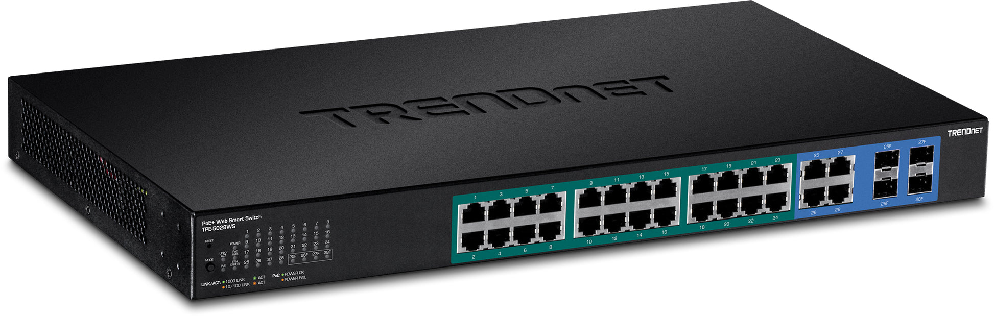 TRENDnet TPE-5028WS – Managed Switch – 24× 1G, 4× SFP (Combo), PoE+, PoE-Budget 370 W, 19", 1U