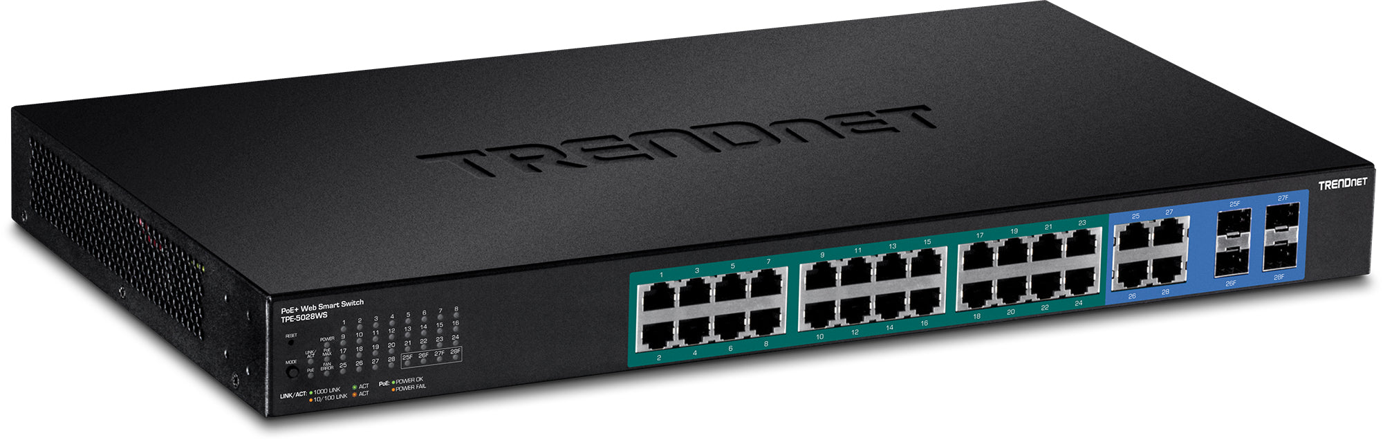 TRENDnet TPE-5028WS – Managed Switch – 24× 1G, 4× SFP (Combo), PoE+, PoE-Budget 370 W, 19", 1U