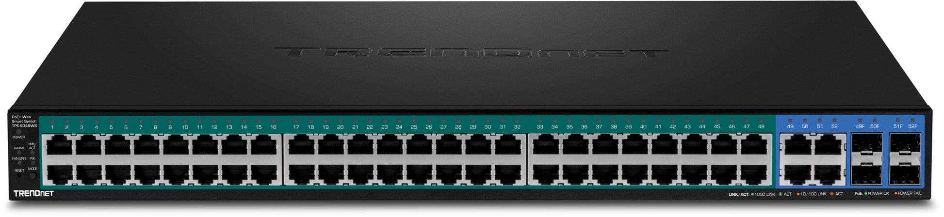 Trendnet TPE-5048WS – Managed Switch – 48× 1G, 4× Combo‑1G (RJ‑45/SFP), PoE+, PoE-Budget 740 W, 19", 1U