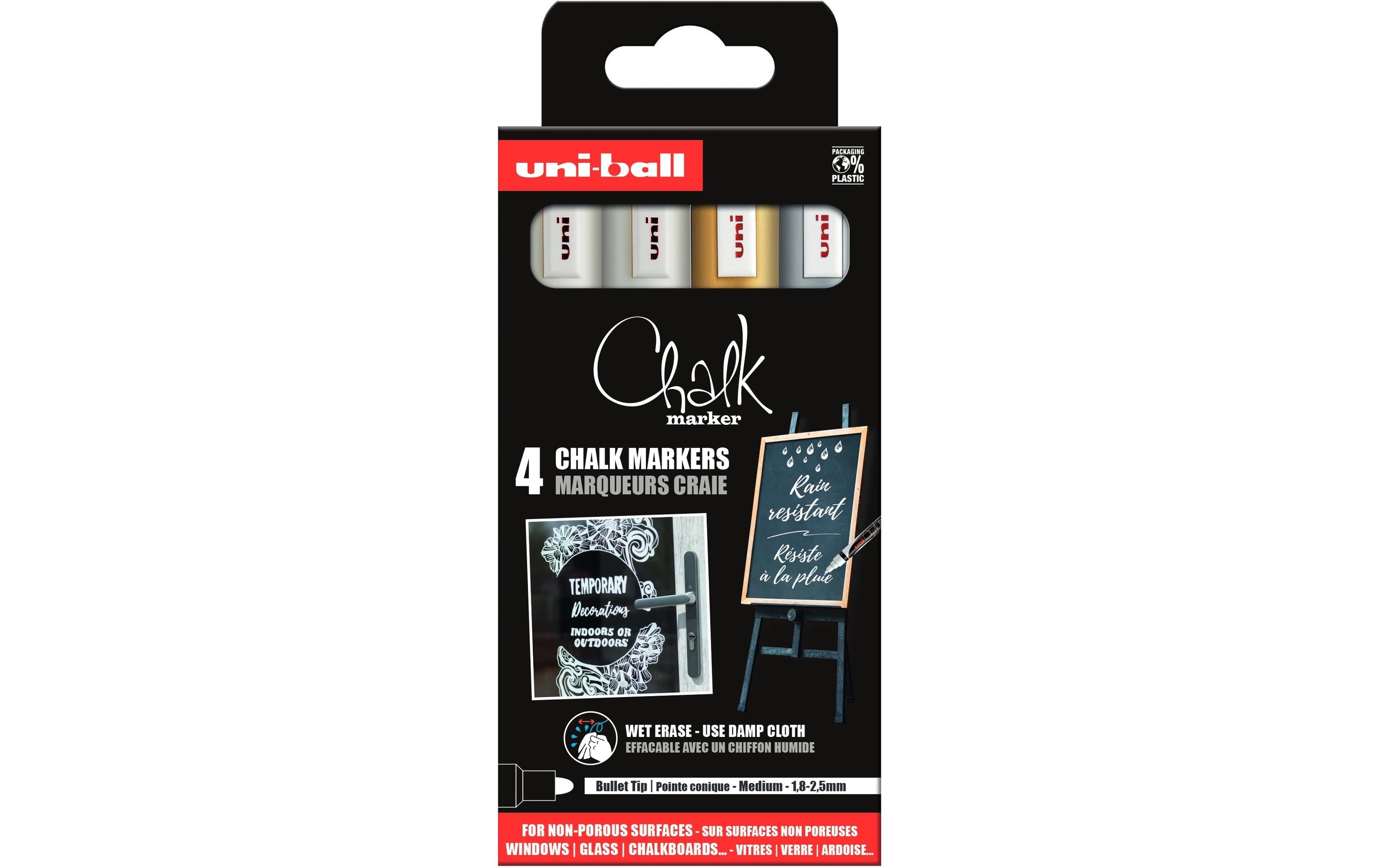 Uni-Ball Uni PWE-5.M Kreidemarker – Rund 1,8–2,5 mm – 4er-Set, Weiss/Gold/Silber