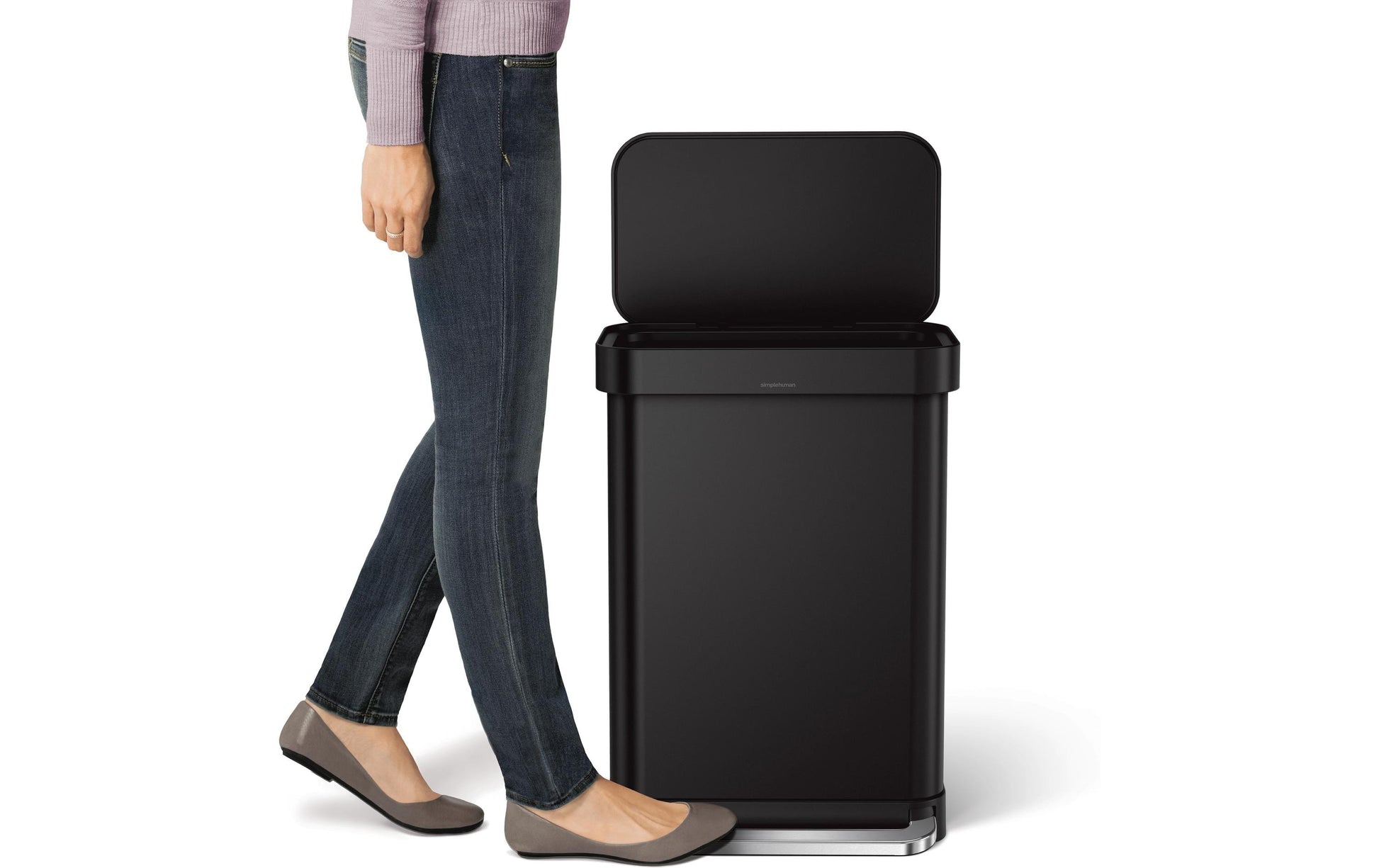 simplehuman Abfallcontainer – 55 l, mit Deckel – Edelstahl, schwarz matt – B × H × T 470 × 655 × 360 mm
