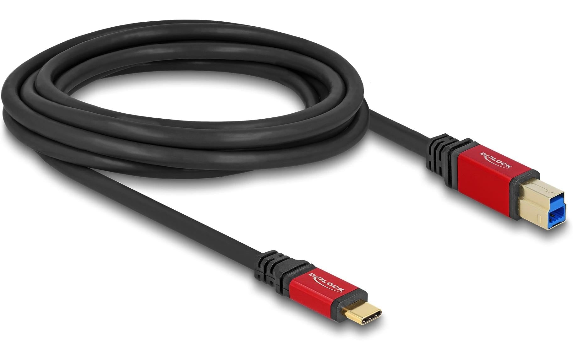DeLOCK USB-C auf USB-B Kabel – USB 3.2 Gen 1 (5 Gbit/s) – 3 m – Goldstecker – Schwarz/Rot