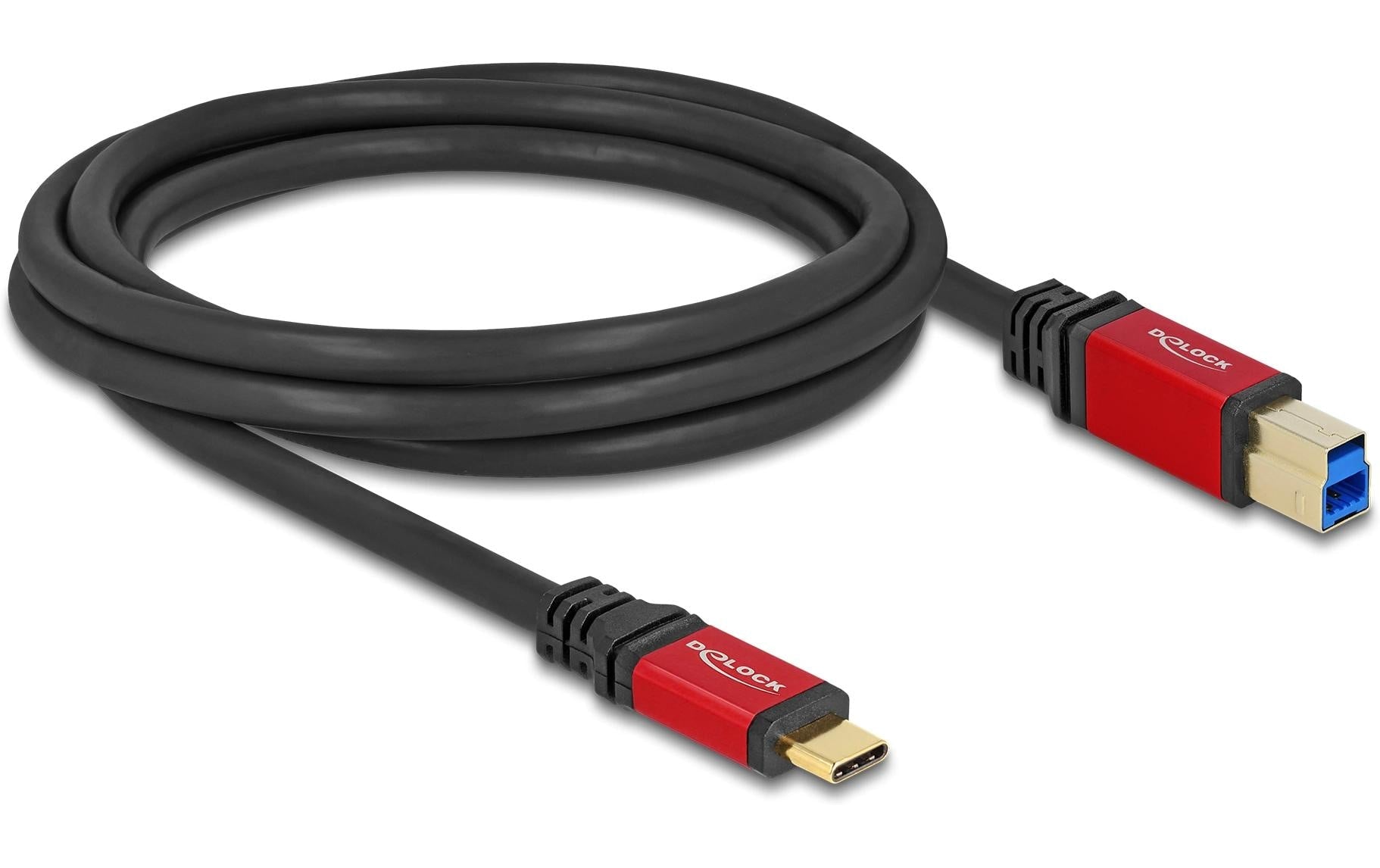 DeLOCK USB-C auf USB-B Kabel – USB 3.2 Gen 1 (5 Gbit/s) – 2 m – Goldstecker, Extrem flexibel – Schwarz/Rot