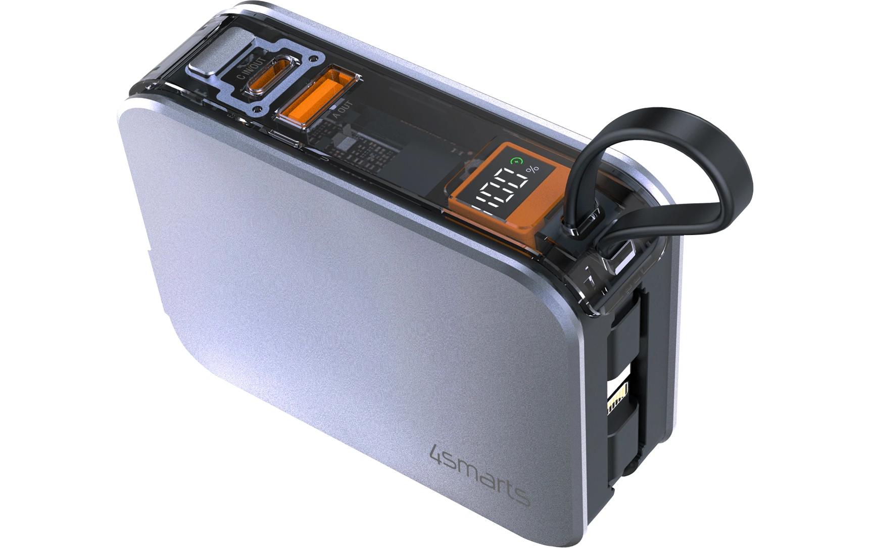 4smarts Powerbank 10000 mAh, PD 20 W, 2× USB-C, Durchgangsladung, für Smartphones, Silber