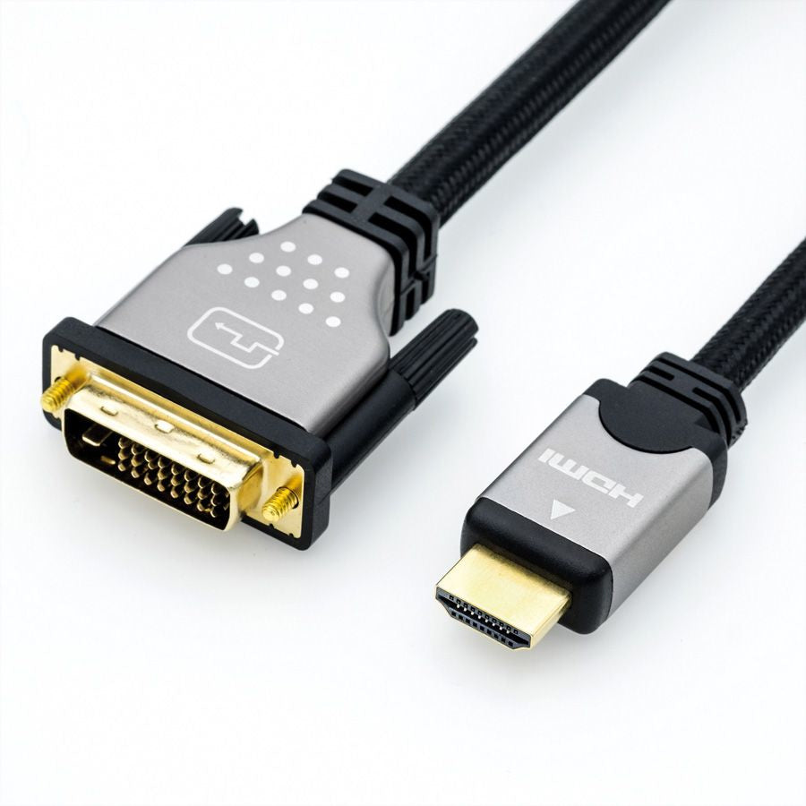 ROLINE DVI-D auf HDMI Kabel 4K 30 Hz – 5 m – geflochten – Schwarz/Silber – für Monitor, TV, Beamer