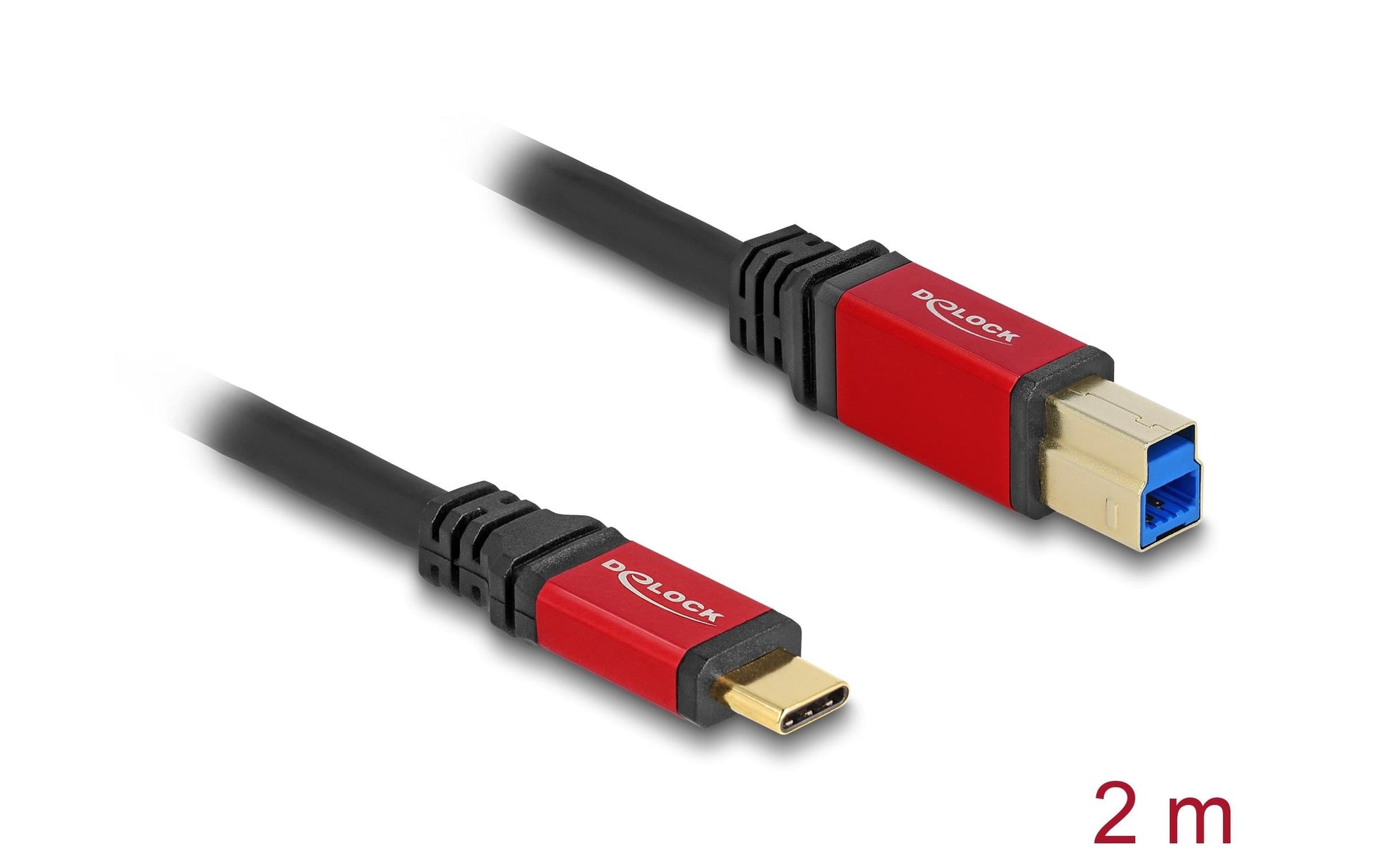 DeLOCK USB-C auf USB-B Kabel – USB 3.2 Gen 1 (5 Gbit/s) – 2 m – Goldstecker, Extrem flexibel – Schwarz/Rot