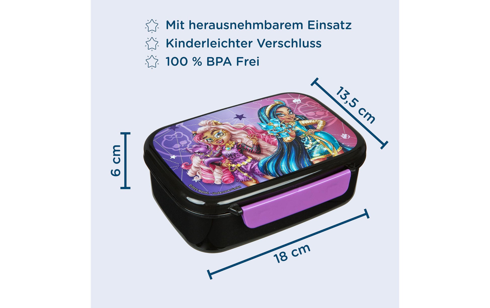 Scooli Lunchbox 800 ml, 18 × 13,5 × 6 cm, Kunststoff, dunkelviolett, Monster-Motiv