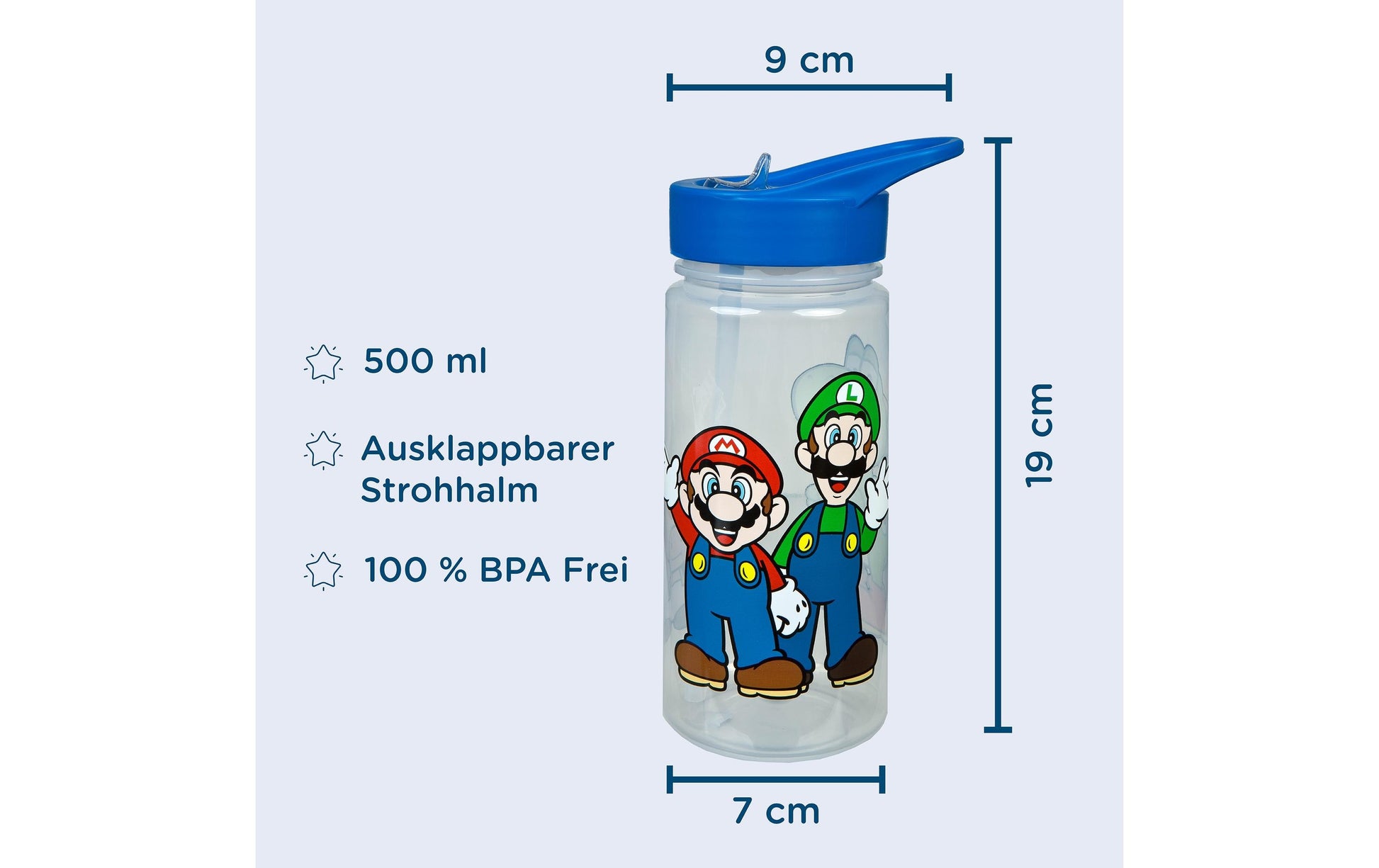 Scooli Kindertrinkflasche 500 ml – mit Strohhalm, Kunststoff, Aktivdeckel, Super Mario