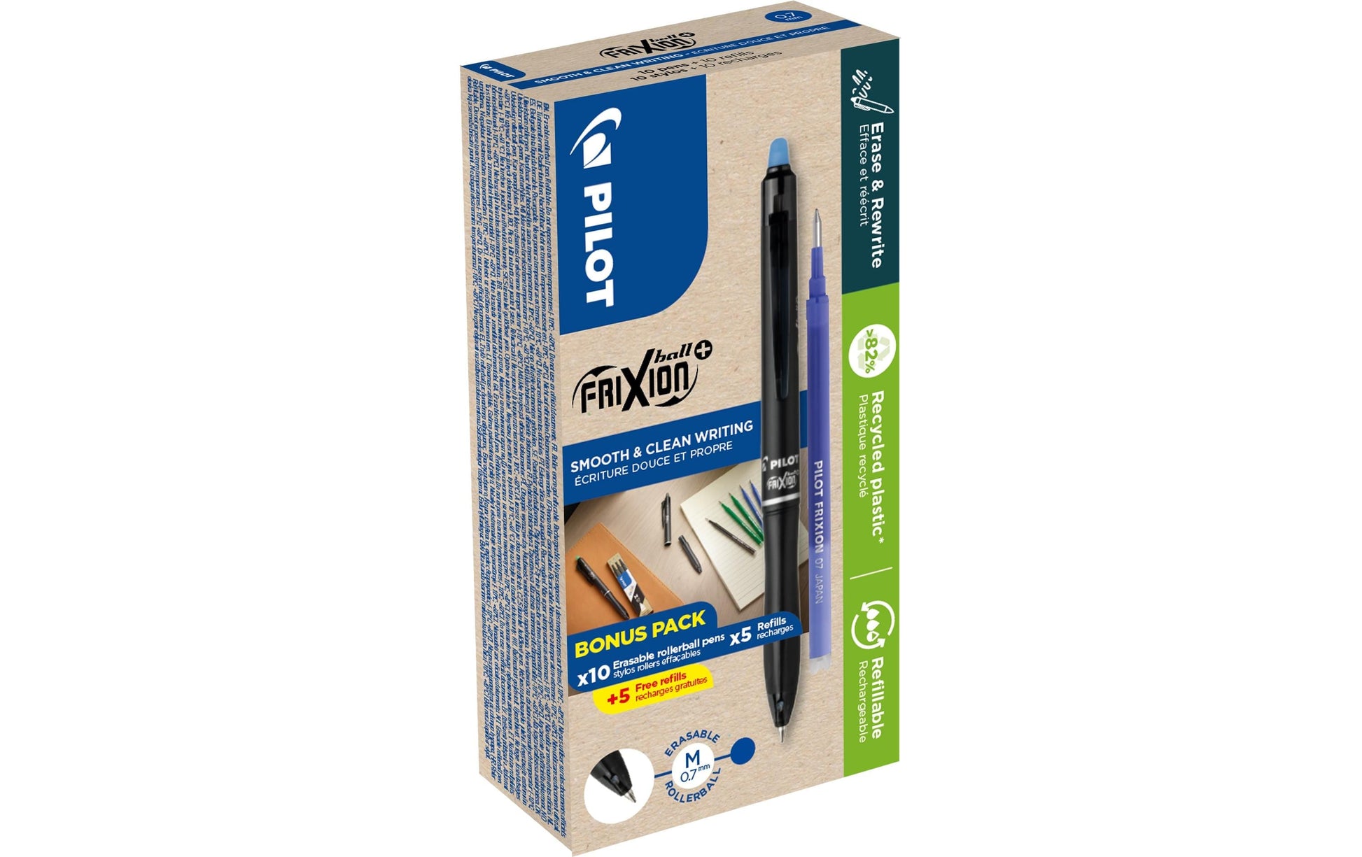 Pilot FriXion Ball+ – radierbares Tintenroller-Set mit Kappe, 0,7 mm, blau, für Linkshänder