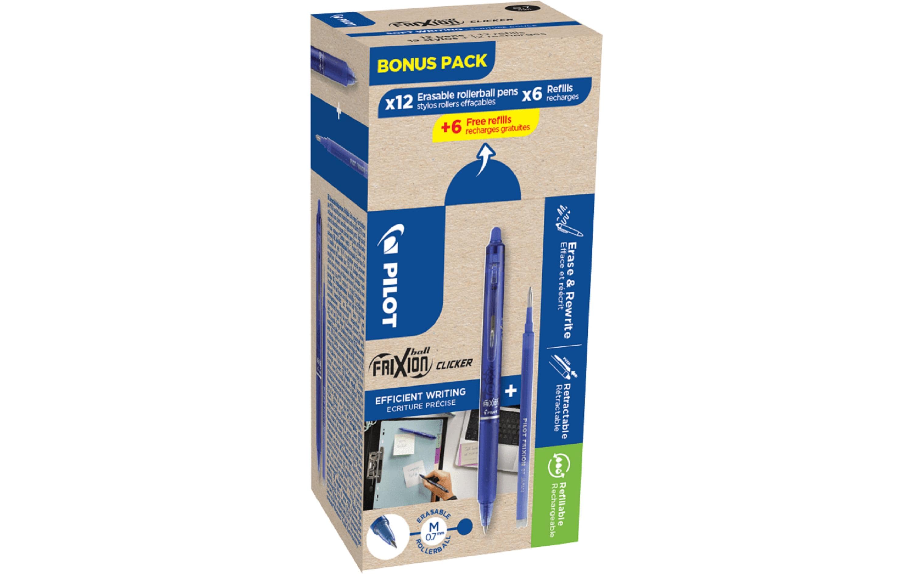 Pilot FriXion Clicker Gelschreiber 12er Set – Blau, Strichstärke 0,7 mm, radierbar, nachfüllbar, + 12 Refills