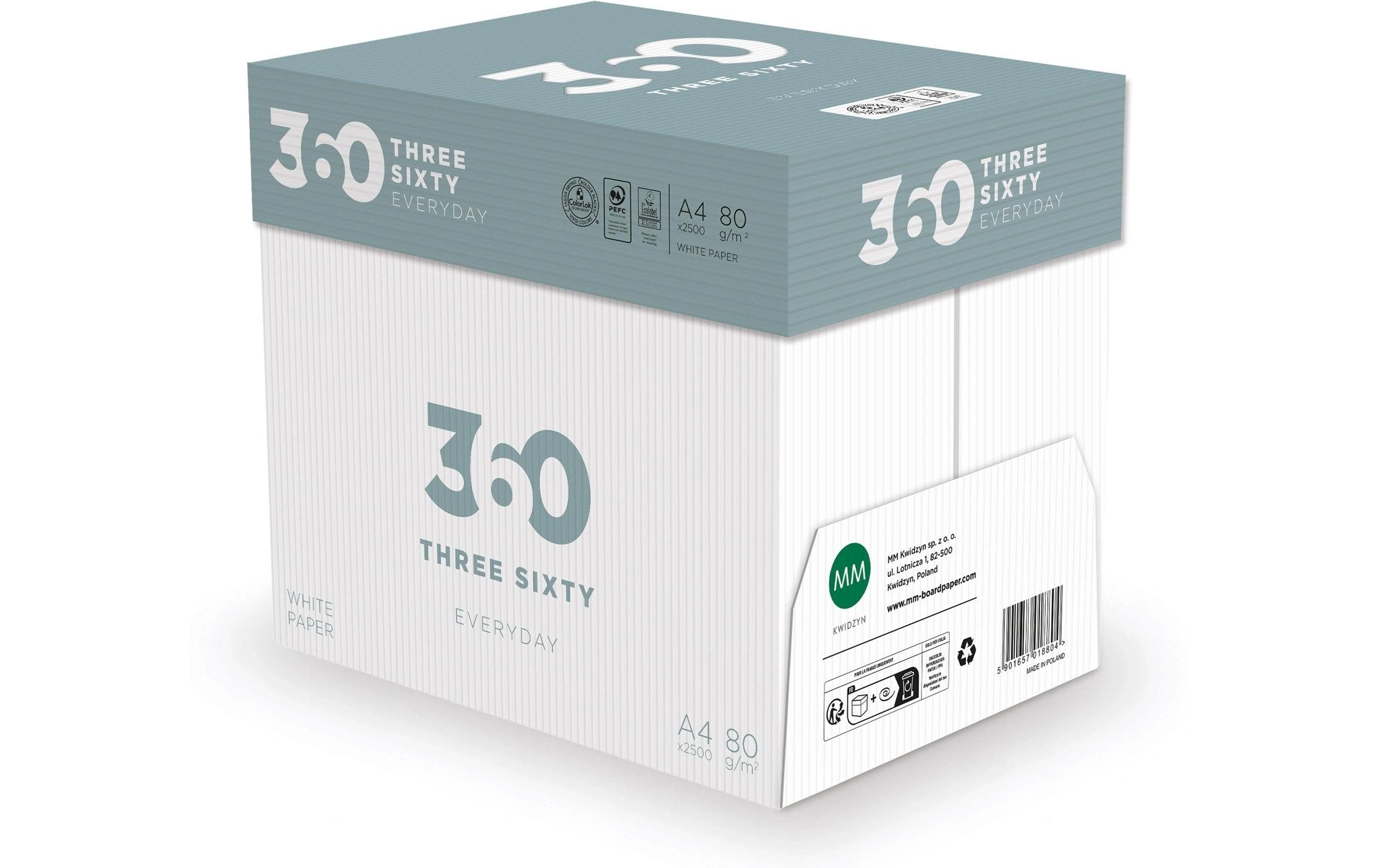 360 Kopierpapier – A4, 80 g/m², Weiss – für Inkjet/Laser/Kopierer – 100000 Blatt