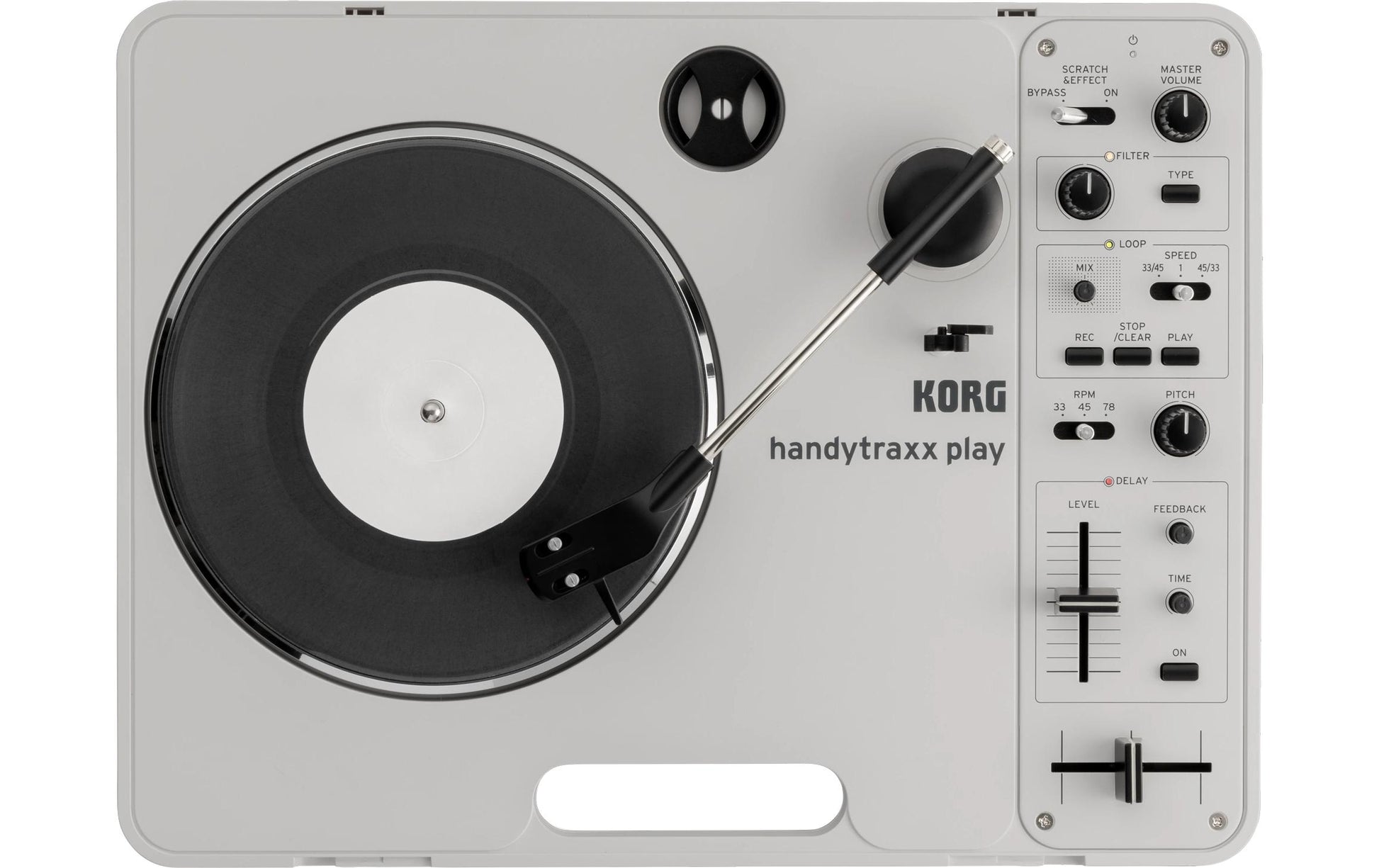 Korg handytraxx play – Plattenspieler – Portabel – mit Lautsprecher, Riemenantrieb, Phono-Preamp – Silber
