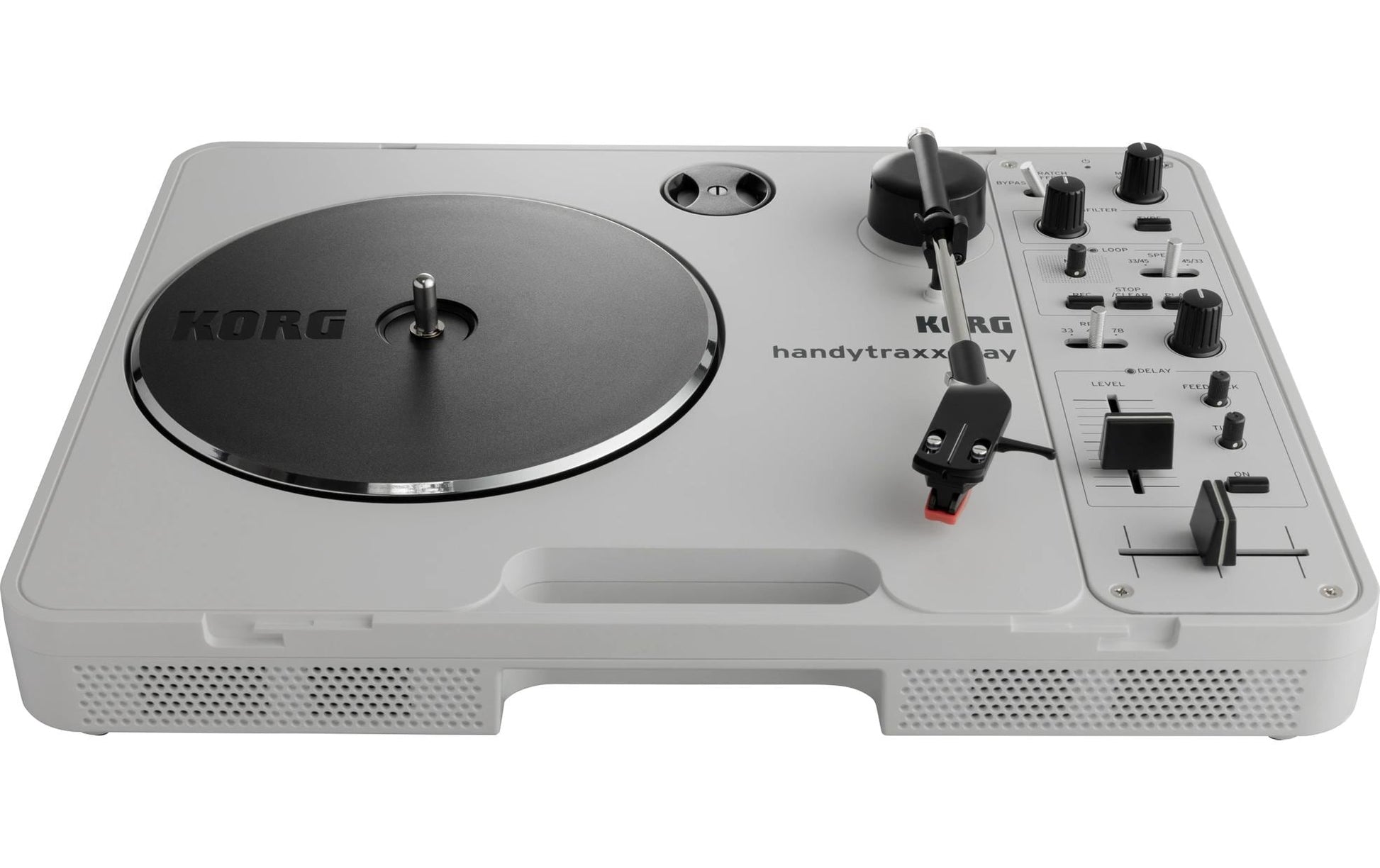 Korg handytraxx play – Plattenspieler – Portabel – mit Lautsprecher, Riemenantrieb, Phono-Preamp – Silber