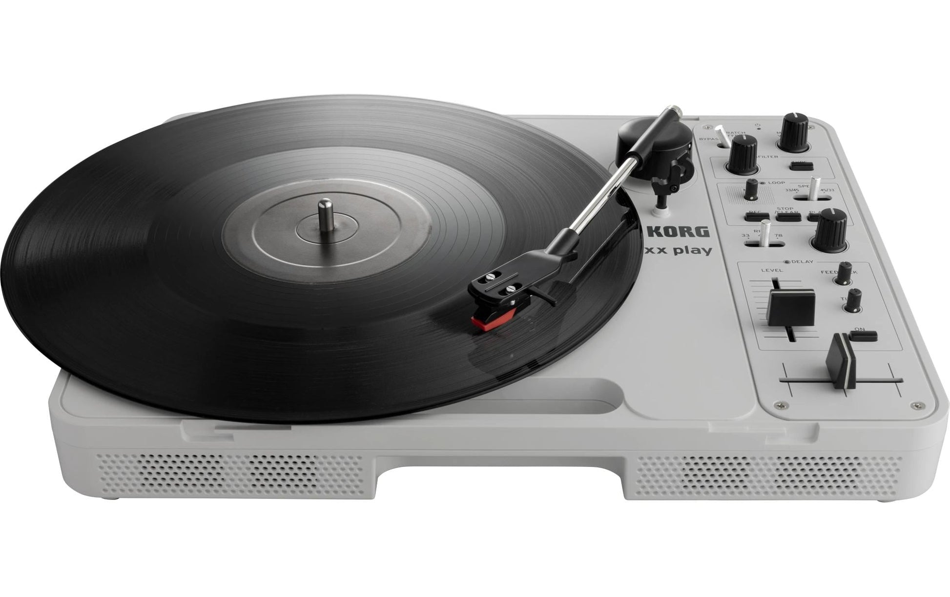 Korg handytraxx play – Plattenspieler – Portabel – mit Lautsprecher, Riemenantrieb, Phono-Preamp – Silber