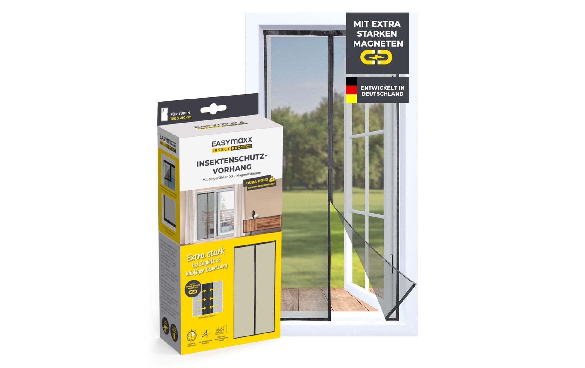 EASYmaxx Strong Click Fliegengitter Tür – 100 × 210 cm – Schwarz – Klettverschluss – für Türen