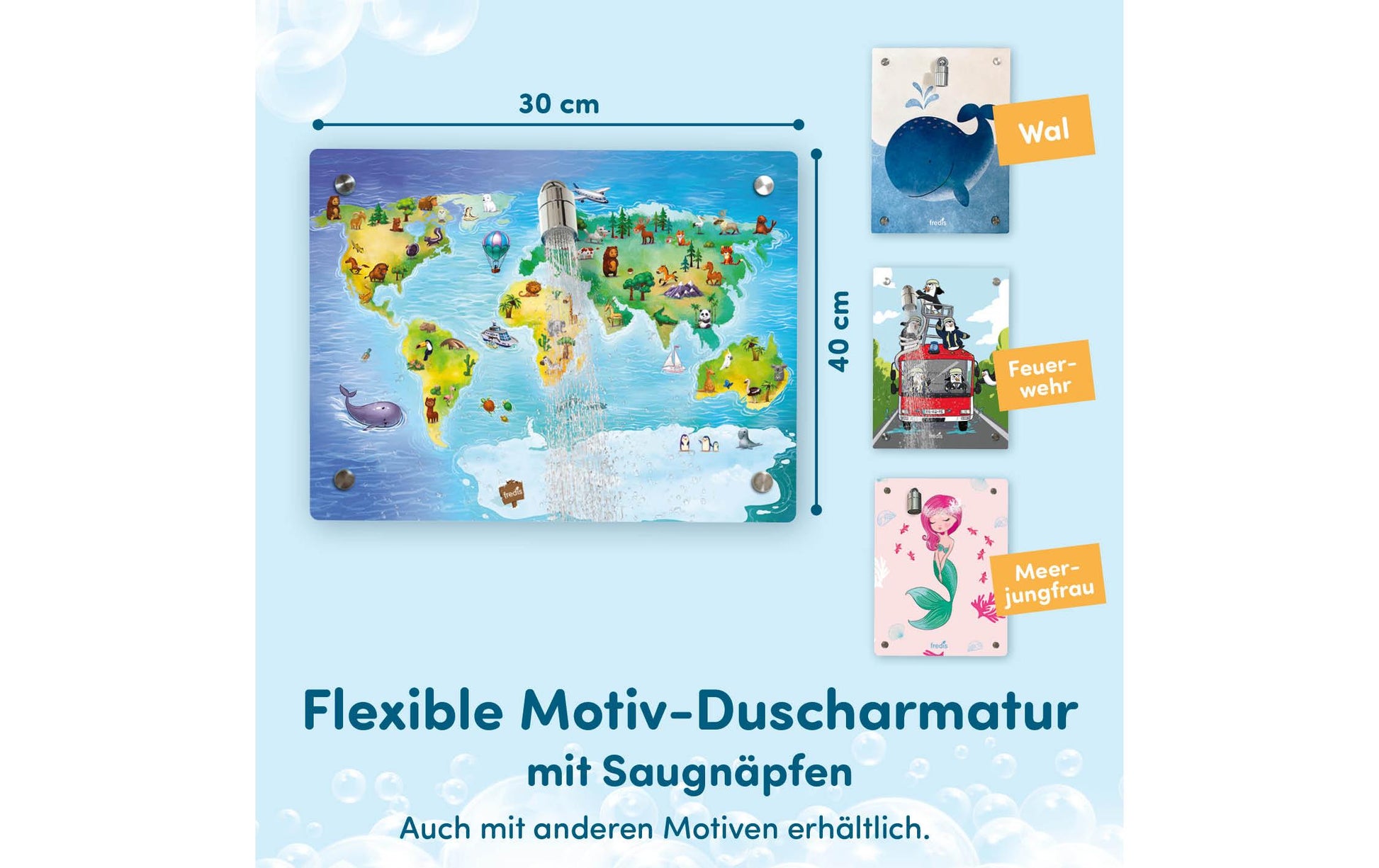 Fredis kinderdusche Fredis Duschschwamm Welt – 40×30 cm, ohne Bohren oder Schrauben, Eukalyptusgrün