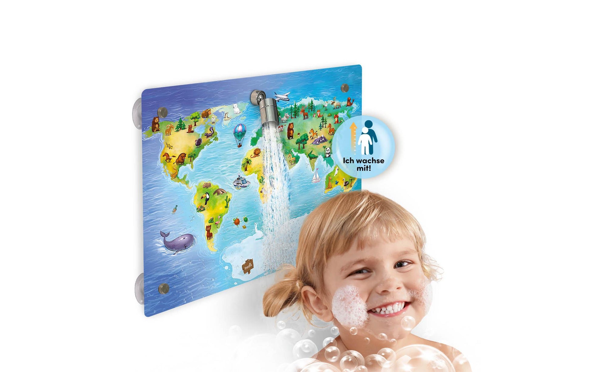 Fredis kinderdusche Fredis Duschschwamm Welt – 40×30 cm, ohne Bohren oder Schrauben, Eukalyptusgrün