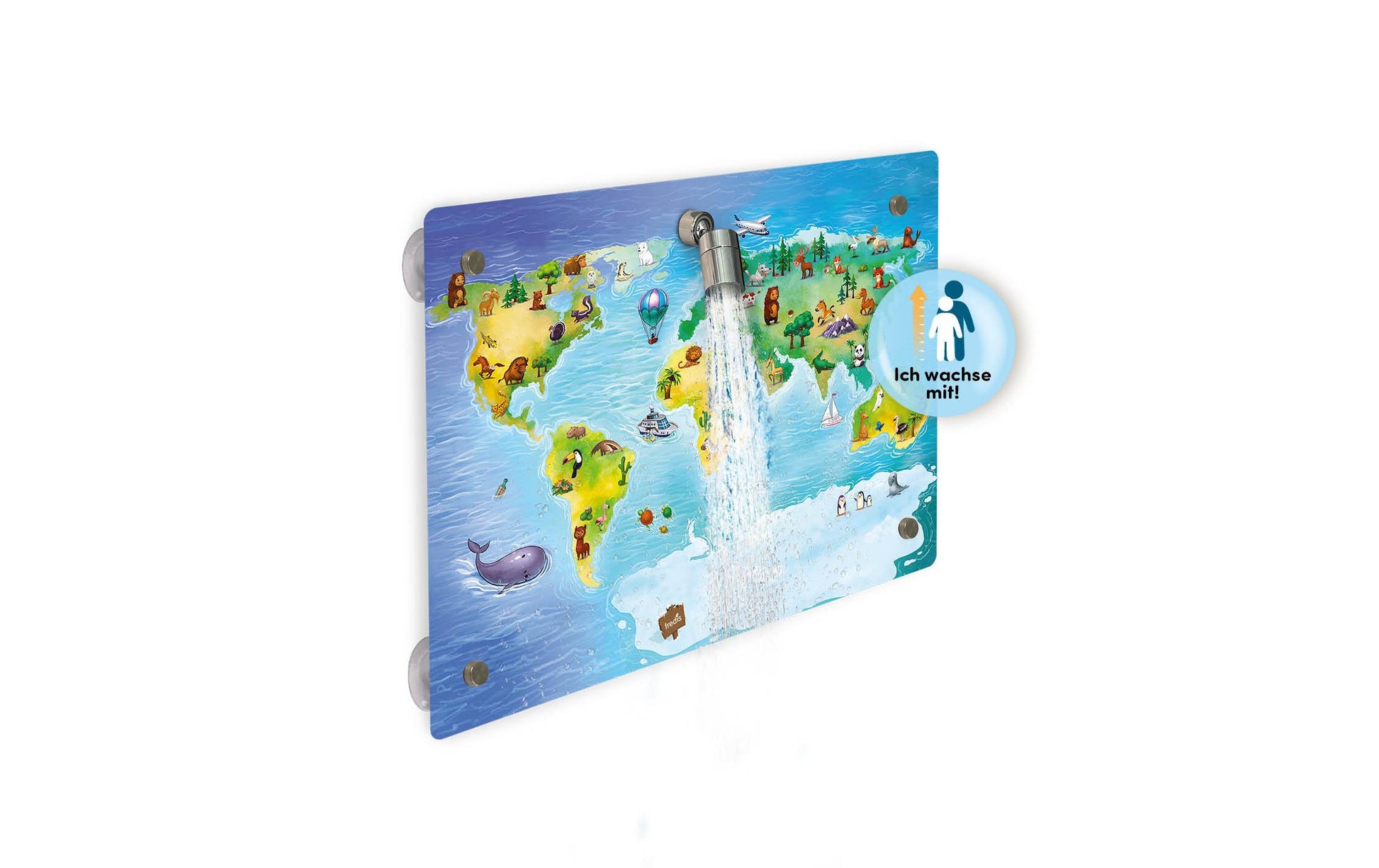 Fredis kinderdusche Fredis Duschschwamm Welt – 40×30 cm, ohne Bohren oder Schrauben, Eukalyptusgrün